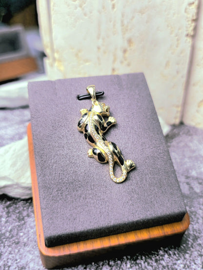 New Solid 9ct Yellow Gold Panthere Pendant Charm with CZ and Enamel Cat Puma