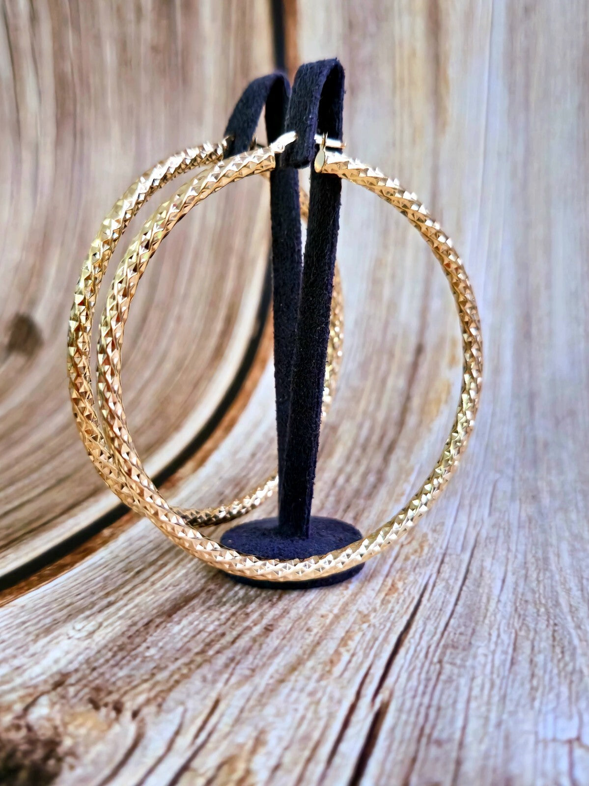 Big 9ct Yellow Gold Twisted Hoop Earrings Twist Hoops 77mm Diamond Cut Pattern