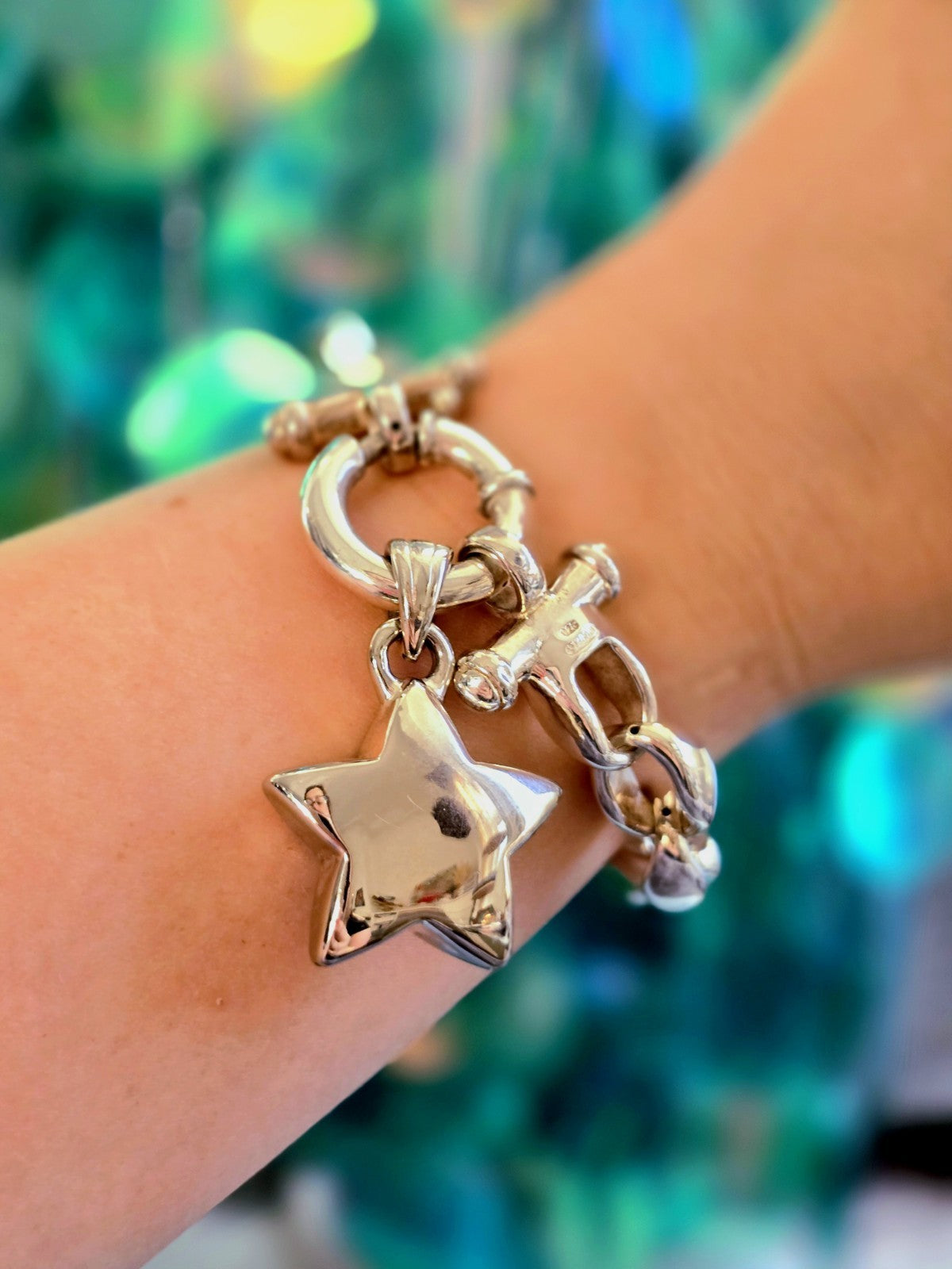 925 Sterling Silver Chunky Chain Bracelet with Charms Star 25g Hollow Hallmarked