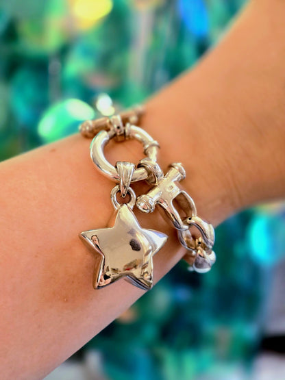 925 Sterling Silver Chunky Chain Bracelet with Charms Star 25g Hollow Hallmarked