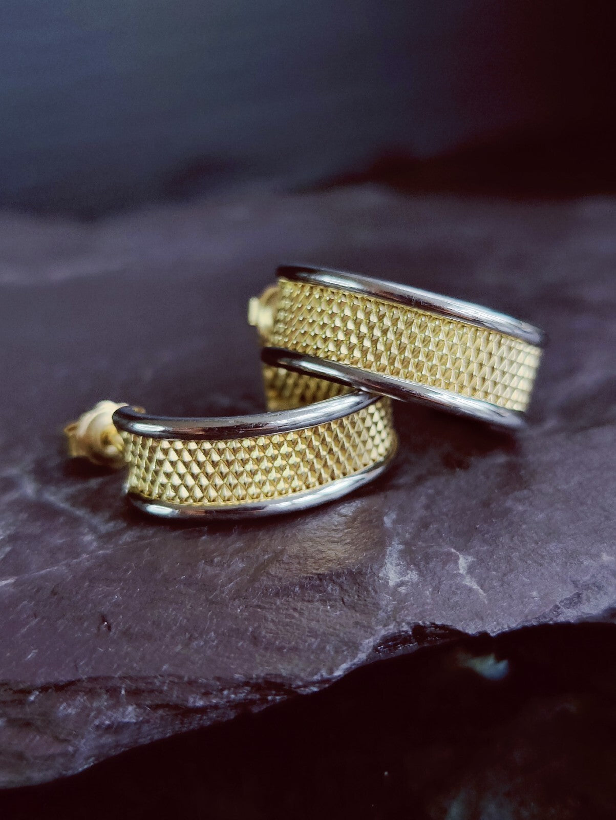 NEW 9ct Solid Yellow/White Gold Half Hoop Earrings Studs Diamond Cut Pattern