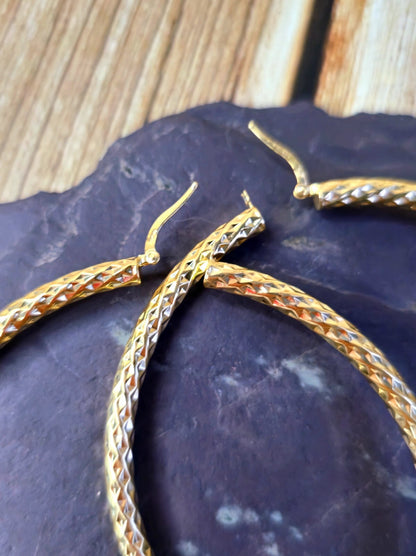 Big 9ct Yellow Gold Twisted Hoop Earrings Twist Hoops 77mm Diamond Cut Pattern