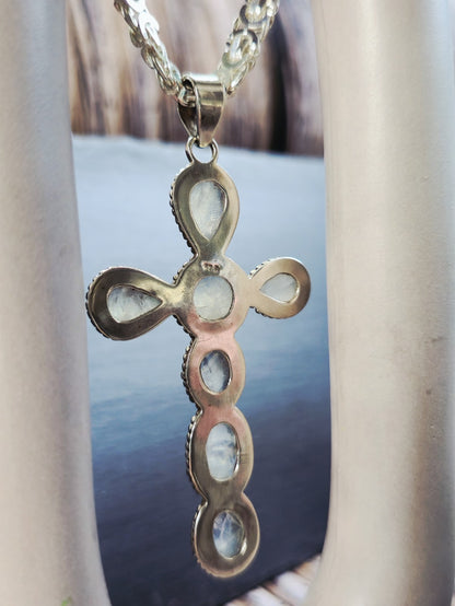 Large Solid 925 Sterling Silver Cross with Multi-shape Moonstones Pendant 9CM