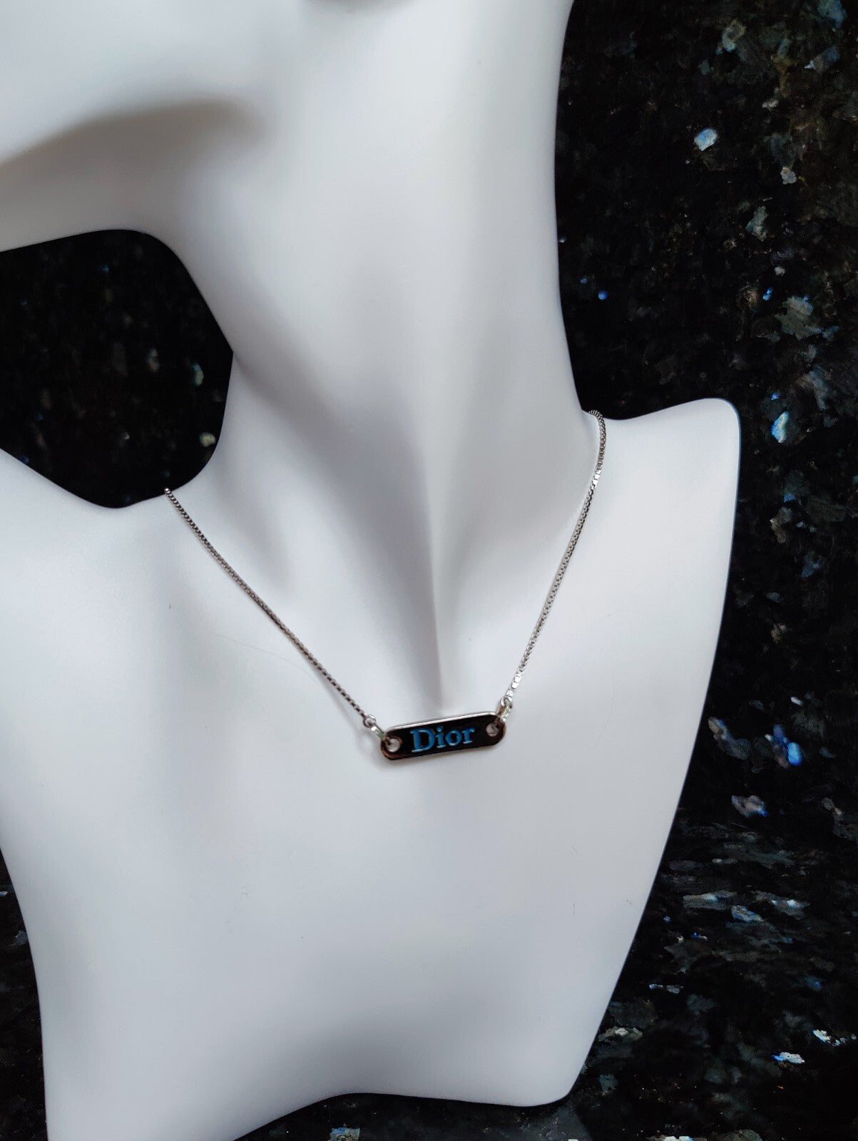Dior Necklace Blue Logo Silver Tag Monogram Discontinued Rare Vintage 