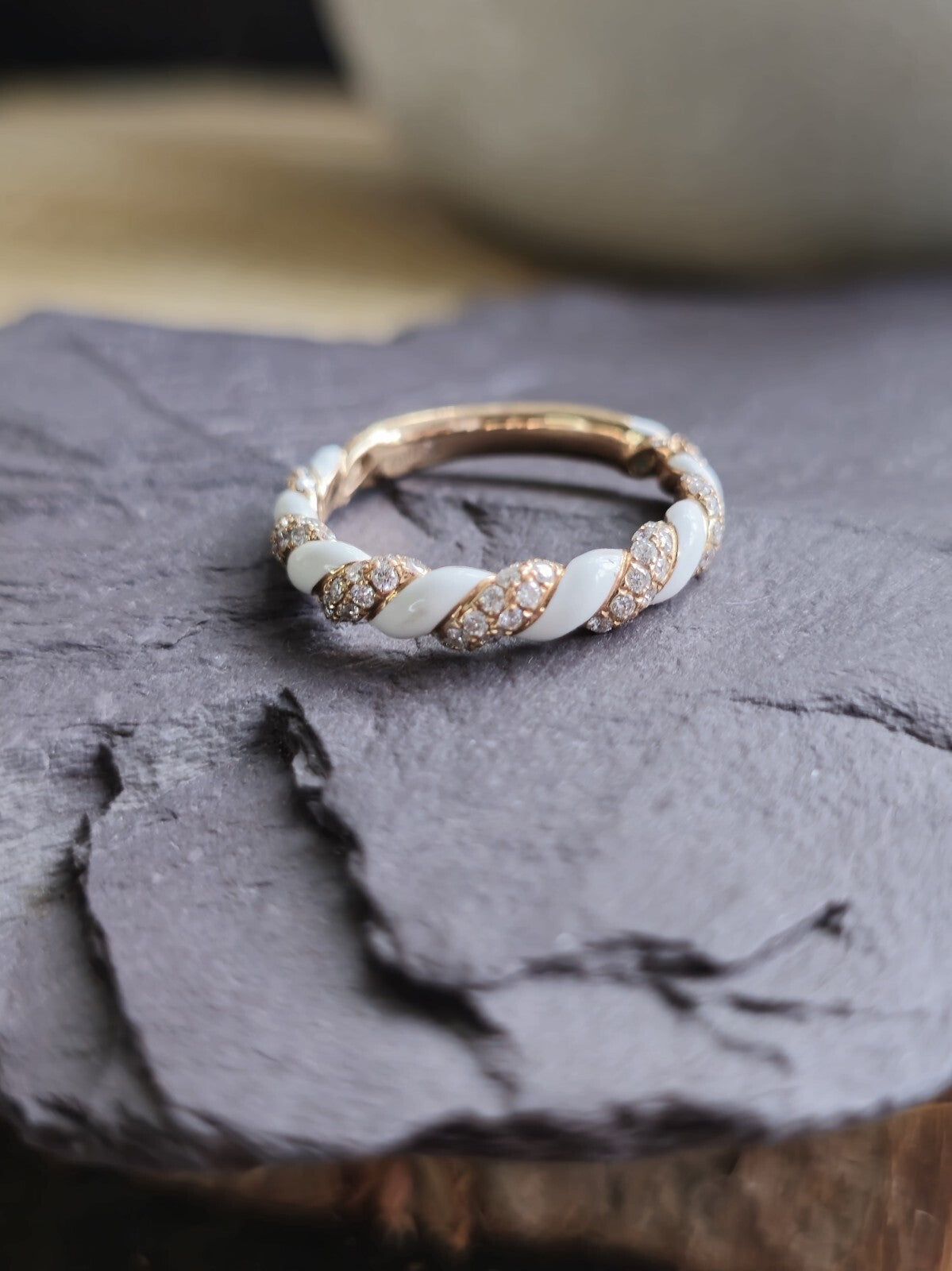 Solid 18ct Rose Gold Diamond and White Ceramic Eternity Ring Wedding Band size N