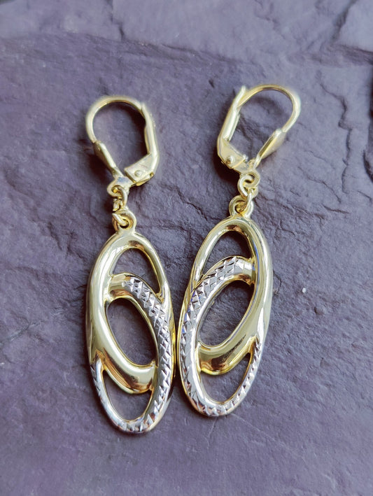 NEW 9ct Solid Yellow/White Gold Drop Dangling Earrings Leverclasp 40mm Long