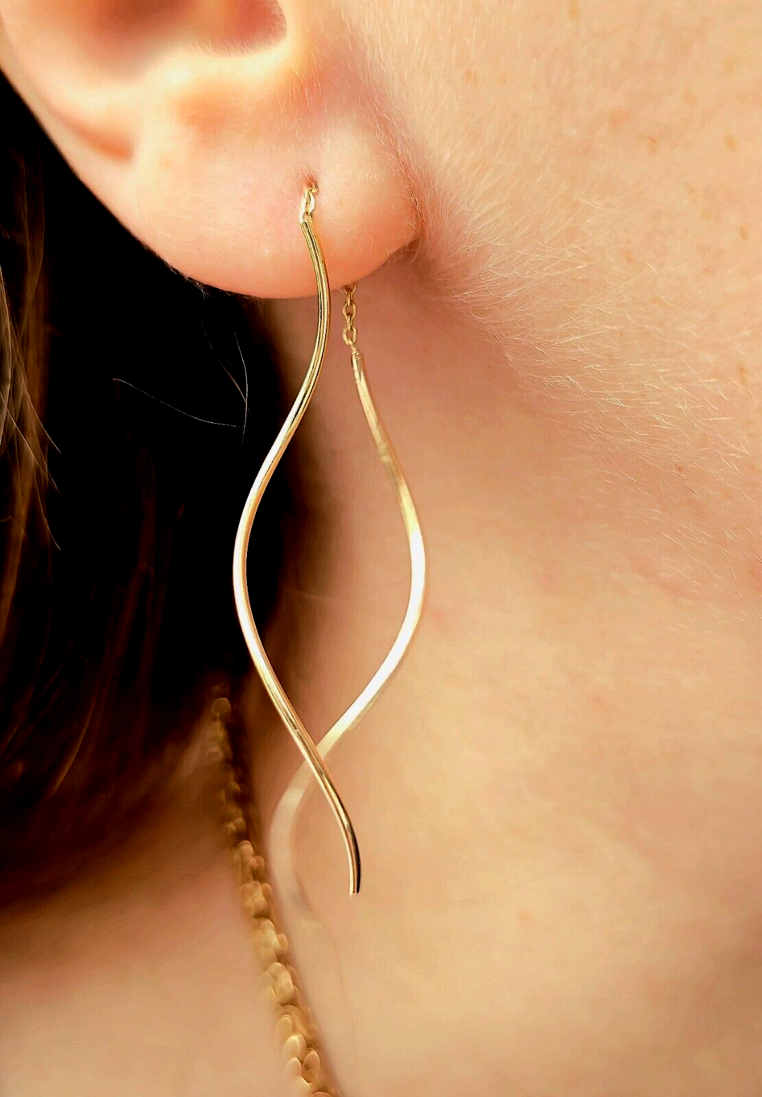 New 9ct Yellow Gold Twist Drop Earrings DOUBLE Squiggle Pull Through Wavy Moving