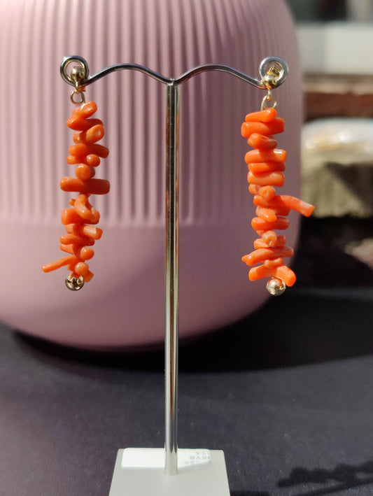 9ct Real Yellow GOLD and Natural Red CORAL Long Drop Earrings 4.5cm Vintage