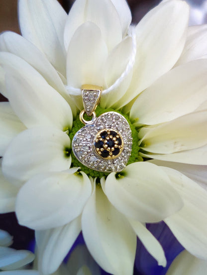 Solid 9CT YELLOW WHITE GOLD DIAMOND SAPPHIRE heartshape PENDANT Hallmarked 