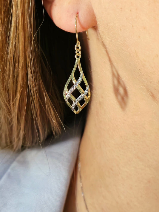 New 9ct Yellow/White Gold Solid Drop Dangling Earrings Hook Clasp Diamond Cut