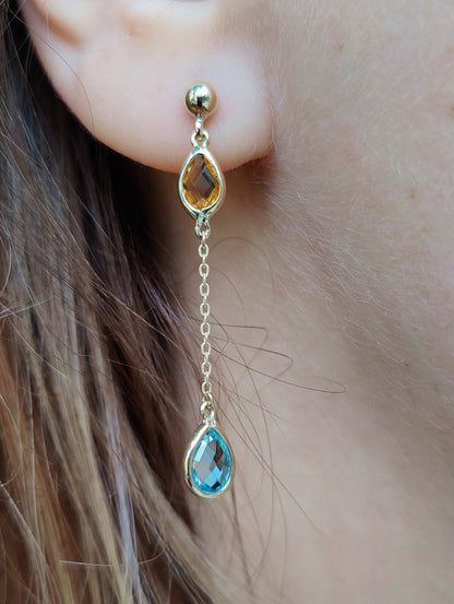 New 9ct Yellow Gold Drop Earrings Blue Topaz and Citrine Gemstones Hallmarked