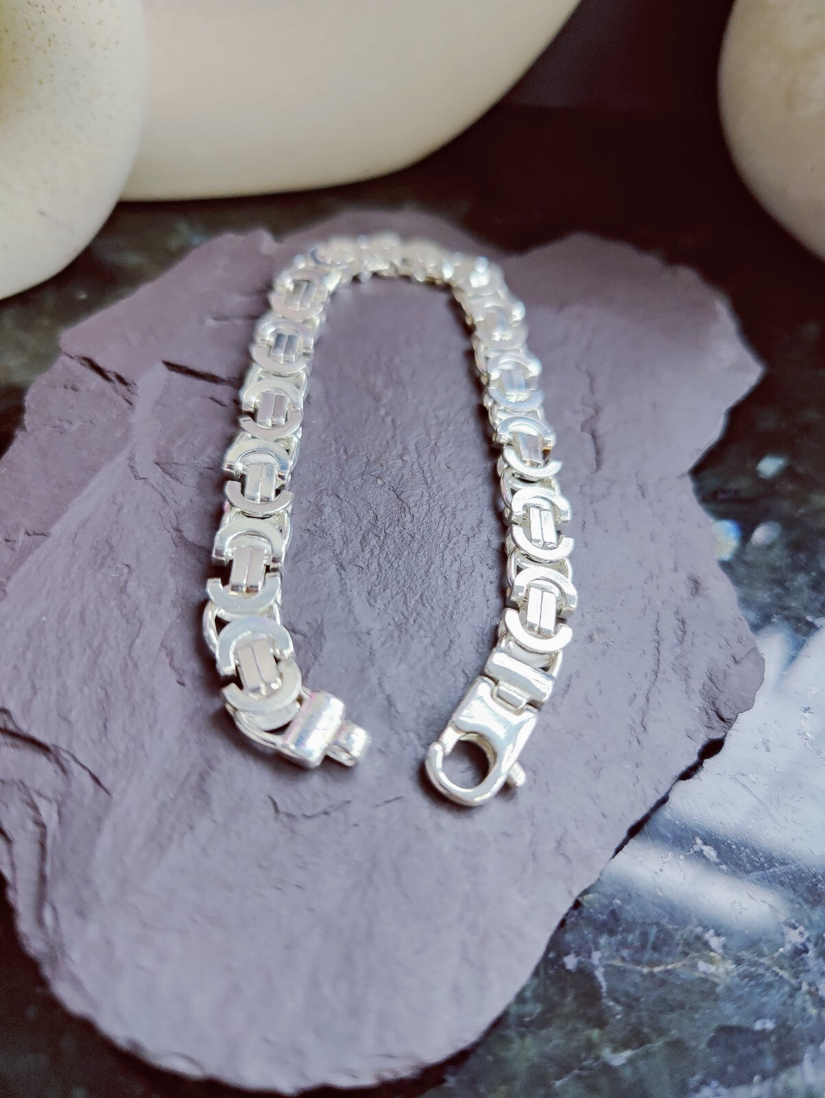 925 Sterling Silver Chunky Heavy Mens Chain Bracelet 26grams Flat Byzantine 8mm