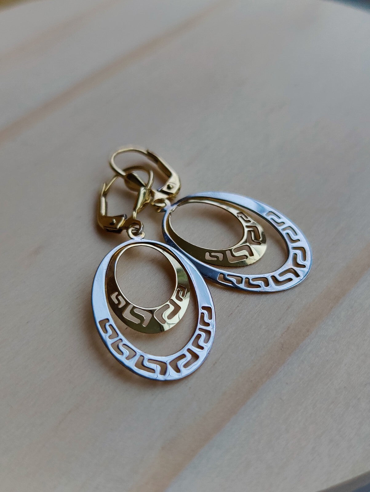 NEW OVAL Earrings 9ct Yellow/White Gold Leverback Hallmarked Greek Key Pattern 