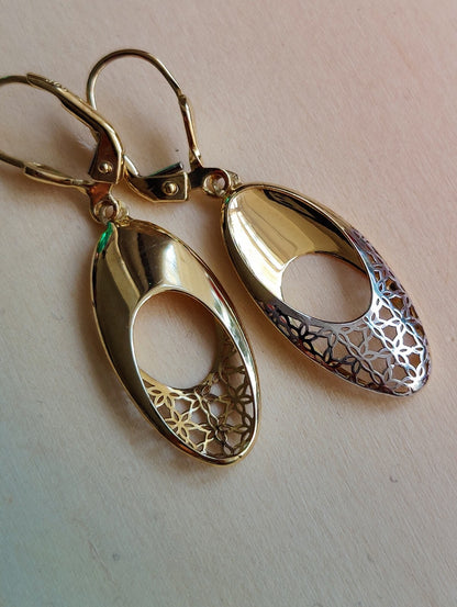 New 9ct Yellow/White Gold Drop Dangly Earrings Hallmarked Decorative Pattern 