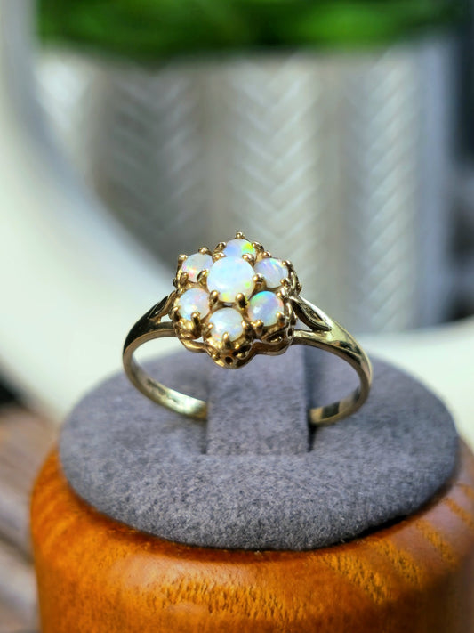 Lovely 9ct Yellow Gold Flower Opal Ring Cluster Prong Set Size N Hallmarked