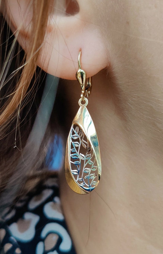 Solid Drop Dangly Earrings 9ct Yellow Gold Leverback Hallmarked Tree Pattern