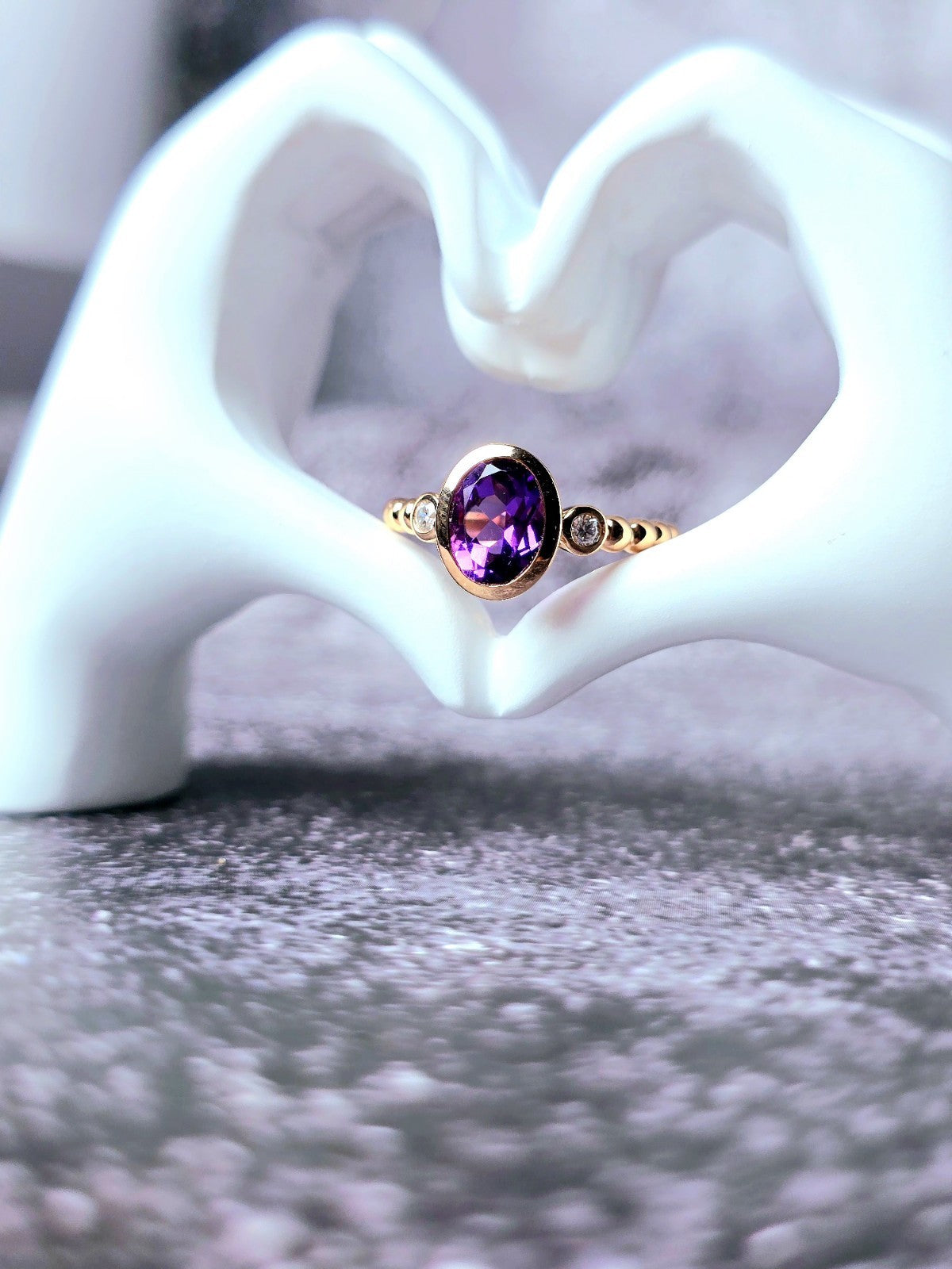New 18ct Rose Gold Oval Amethyst and Diamonds Ring Cocktail Dress Bead Band