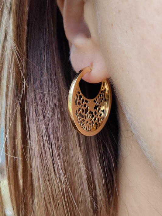 9ct Gold Yellow Gold 3.45g Full Decorative Hoop Earrings 30mm Flowers Hallmarked