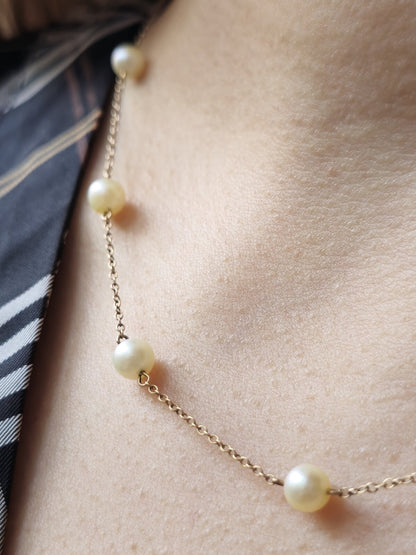 9K Yellow Gold Bars And Natural Cultured Pearls 17inch Fashion Necklace