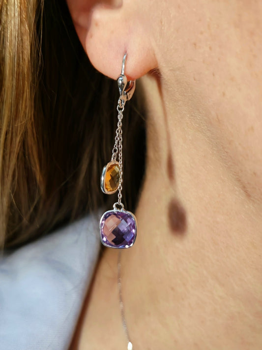 New 9ct White Gold Drop Earrings Amethyst and Citrine Big Stones Dangling Dress