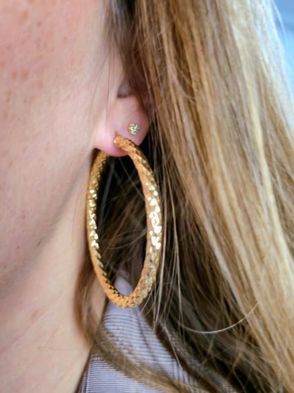 Big 9ct Yellow Gold Twisted Hoop Earrings Twist Hoops 57mm Diamond Cut Pattern