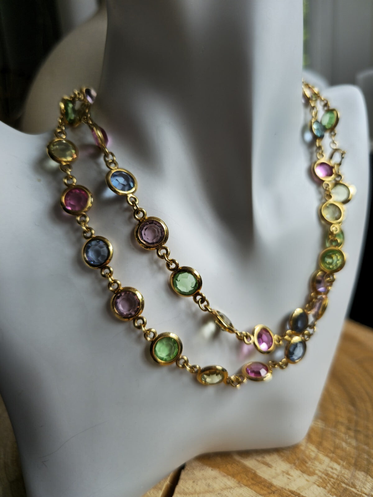 Lovely Gold Tone Bezel Set Austrian Crystal 31 Inch Necklace Multicolour 