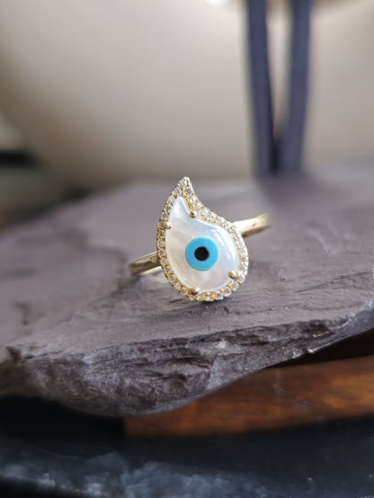 14k Yellow Gold Evil Eye Set of  Ring and Earrings English Clasp