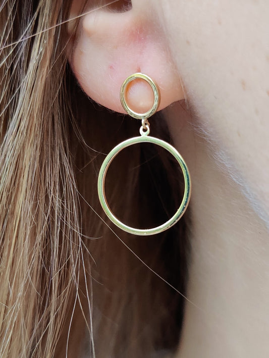 NEW 9ct Solid Yellow Gold Drop Earrings Double Circle With Butterfly Fitting