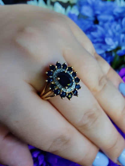 Amazing Stunning 9ct Yellow Gold Sapphire/Diamond Flower Ring Cocktail size S+