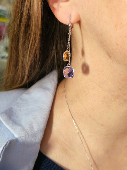 New 9ct White Gold Drop Earrings Amethyst and Citrine Big Stones Dangling Dress