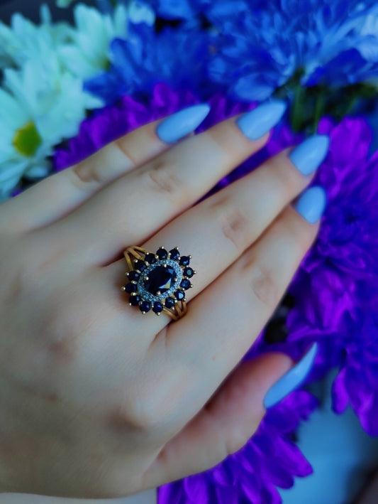 Amazing Stunning 9ct Yellow Gold Sapphire/Diamond Flower Ring Cocktail size S+