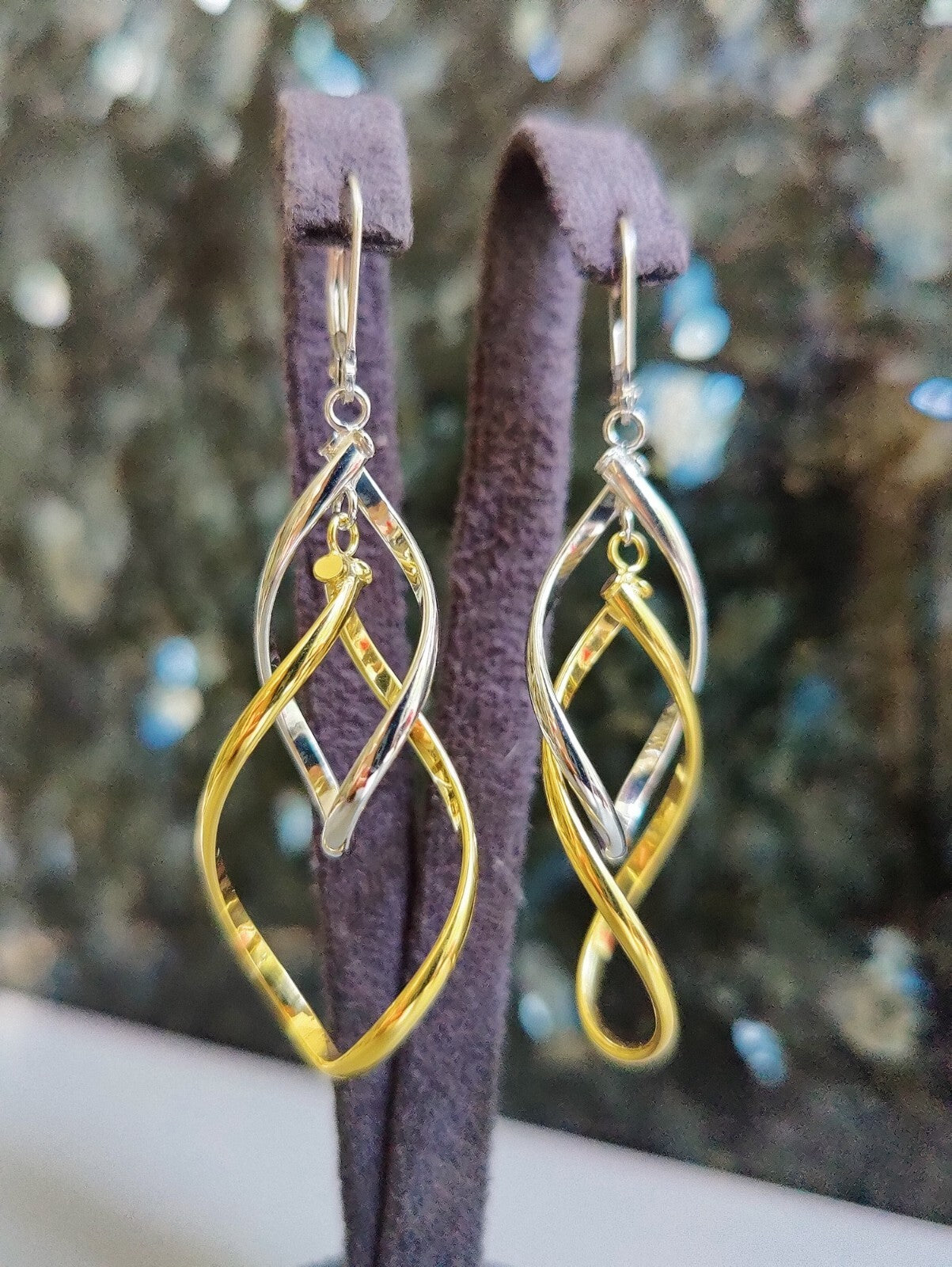 New Solid 9ct Yellow White Gold Double Twist Drop Earrings Leverback Clasp 