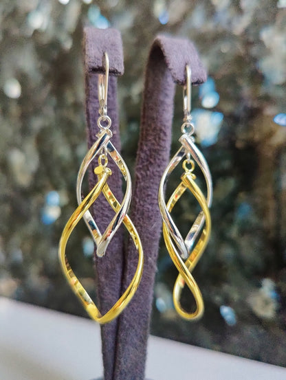 New Solid 9ct Yellow White Gold Double Twist Drop Earrings Leverback Clasp 