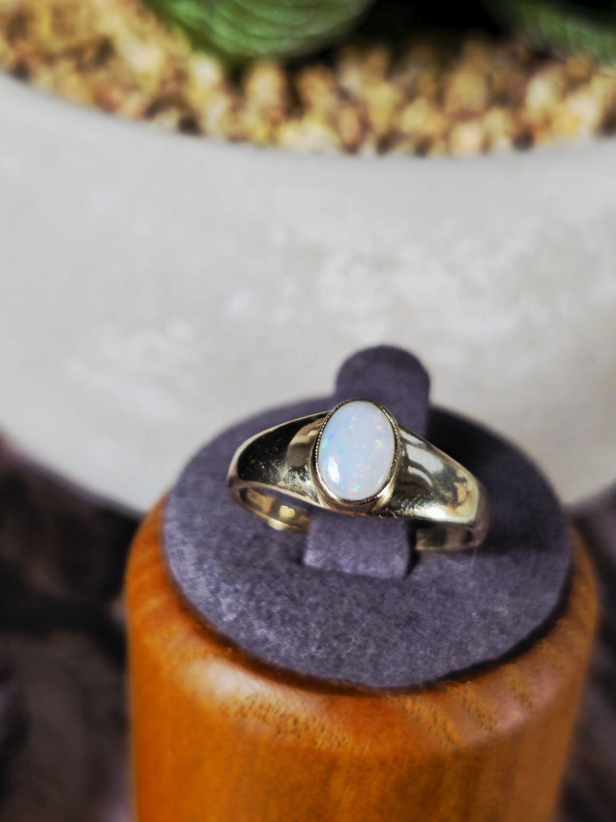 Cute Solid 9ct Yellow Oval Cabochon Opal Ring Bezel Set size M Pinky Signet Ring