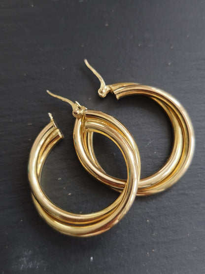9ct Solid Yellow Gold Twisted Hoop Earrings Creole Double Twist Hoops 30mm 5.3g