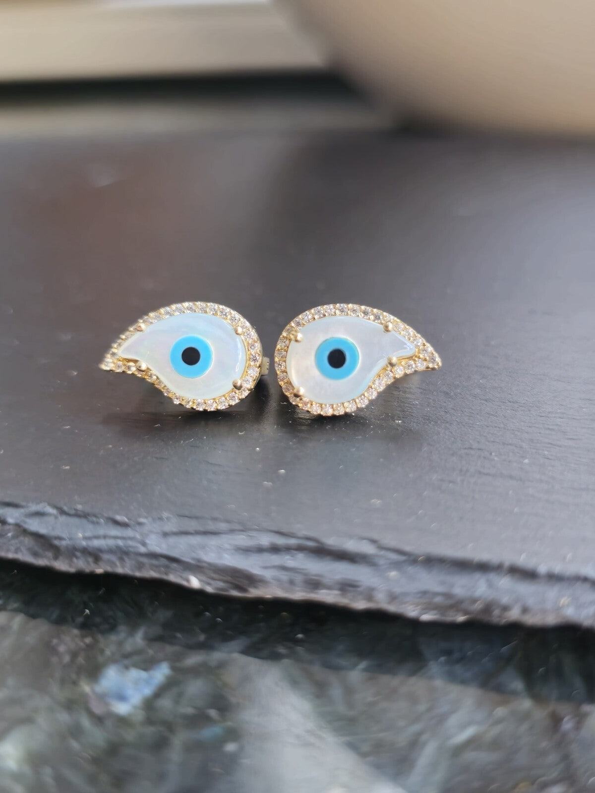 14k Yellow Gold Evil Eye Set of  Ring and Earrings English Clasp