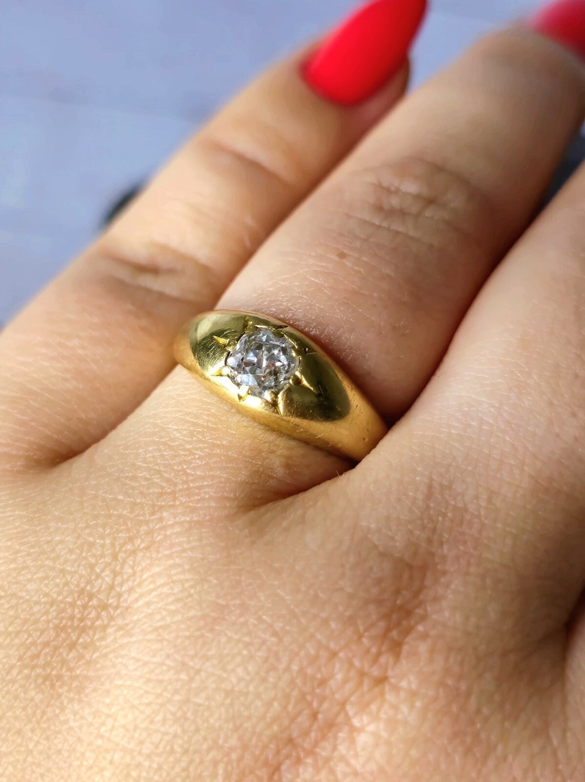 Victorian Solid 18k Yellow Gold Signet Ring Gypsy size Q+ Old Cut Diamond 0.50ct