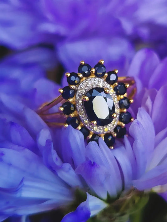 Amazing Stunning 9ct Yellow Gold Sapphire/Diamond Flower Ring Cocktail size S+