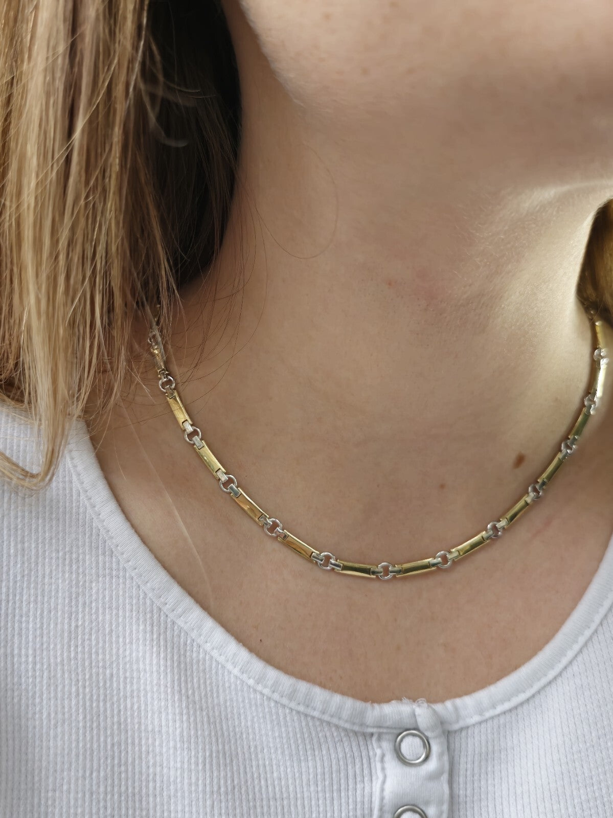 New Solid Fancy 9ct Yellow/White Gold Necklace Collar Chocker Circles/Bars 20g
