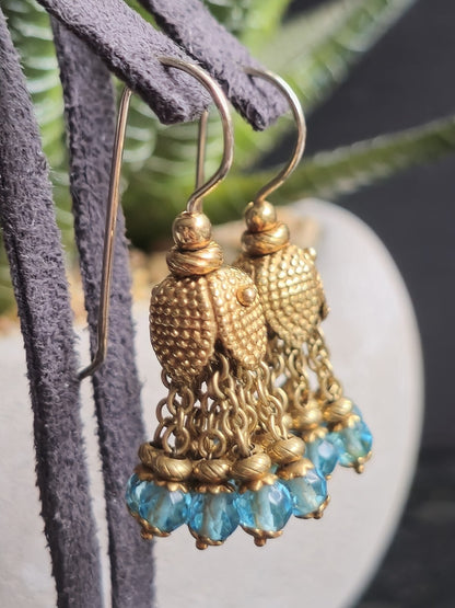Solid 18K Yellow Gold Blue Topaz Chandelier Dangle Drop Earrings Hook Indian