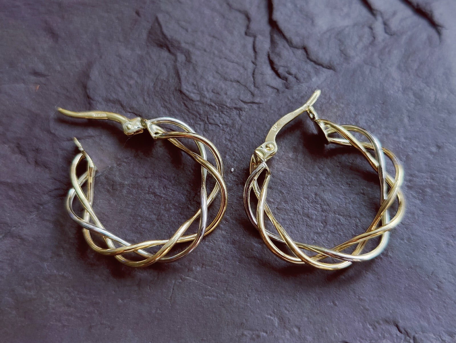 Twisted 9ct Solid Yellow/White Gold Wired Hoop Earrings Creole Wire Hoops 23mm