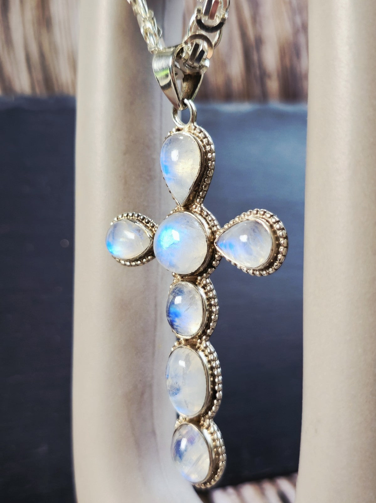 Large Solid 925 Sterling Silver Cross with Multi-shape Moonstones Pendant 9CM