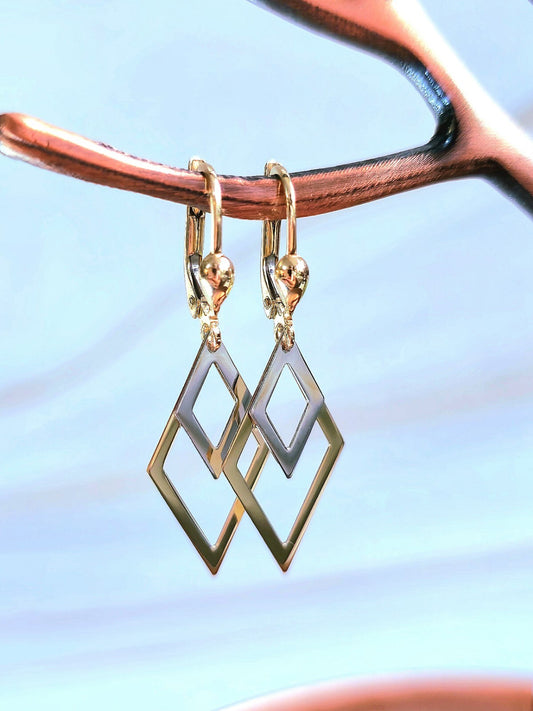 New Solid 9ct Yellow/White Gold Rombus Shape Drop Earrings Leverback Clasp