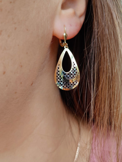 9ct Yellow/White Gold 2grams Drop Dangly Earrings Leverback Hallmarked Pear/Drop