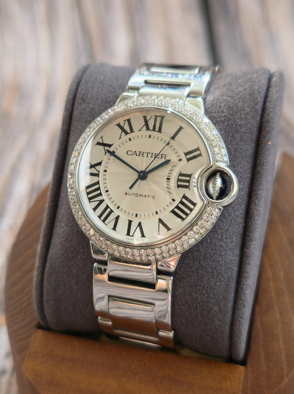 Cartier Ballon Bleu 36mm Steel Automatic Watch 2 Raw Diamond Bezel 3005 Papers