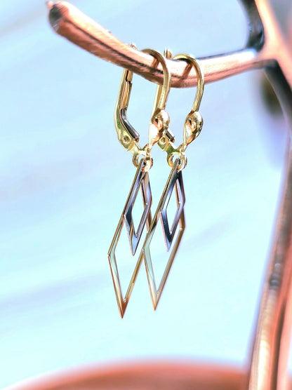 New Solid 9ct Yellow/White Gold Rombus Shape Drop Earrings Leverback Clasp