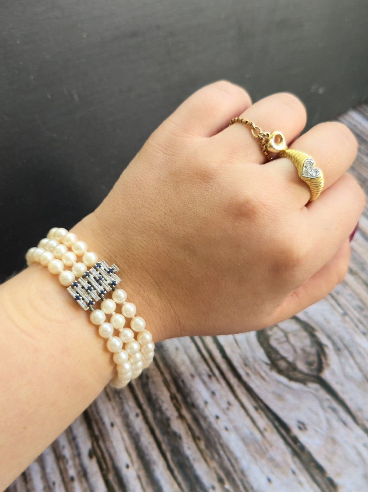 Vintage 14K White Gold and Sapphire Pearl Bracelet 3 Row Triple String 585