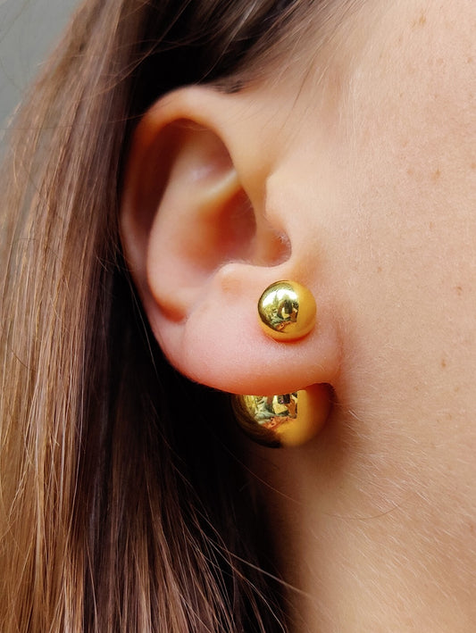 Double Ball Reversible 9K Yellow Gold Stud Earrings 8-14 mm Hallmarked Two Balls