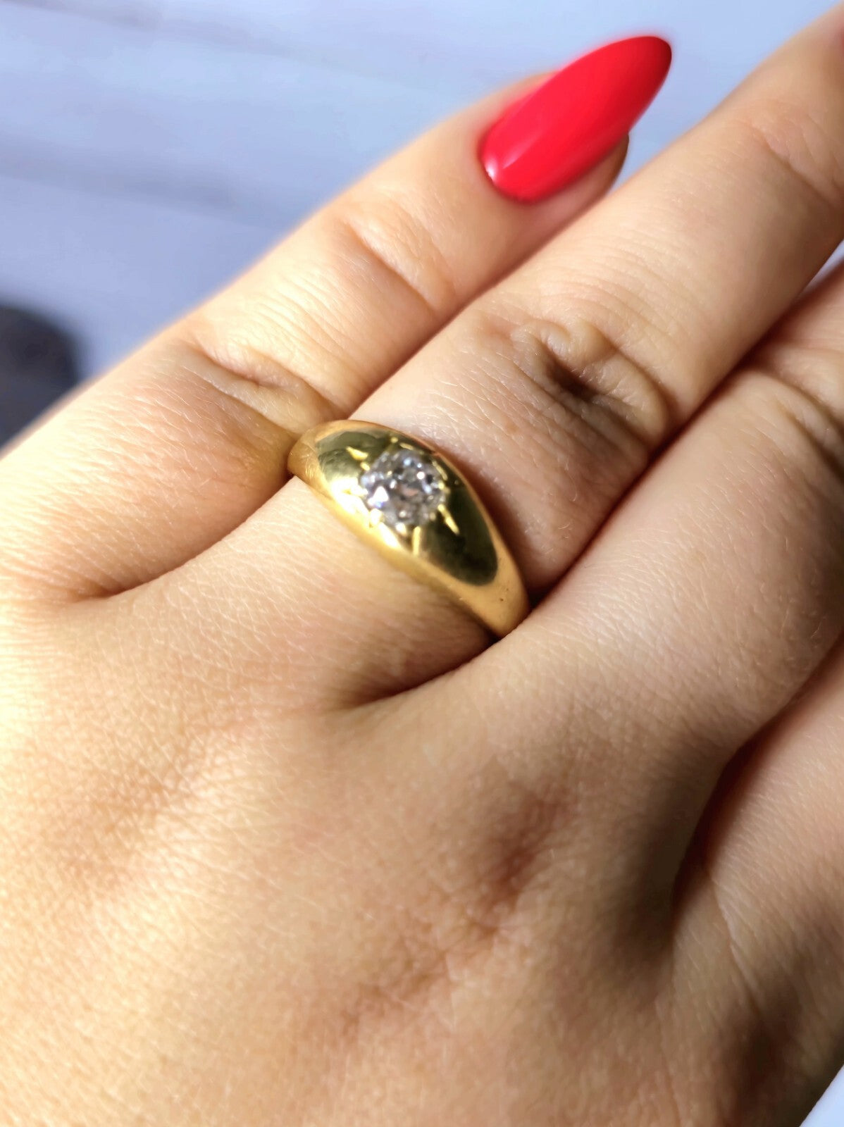 Victorian Solid 18k Yellow Gold Signet Ring Gypsy size Q+ Old Cut Diamond 0.50ct