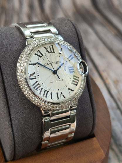 Cartier Ballon Bleu 36mm Steel Automatic Watch 2 Raw Diamond Bezel 3005 Papers